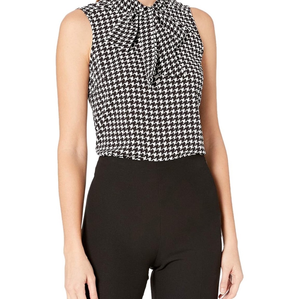 Kasper Black and White Houndstooth Printed V-Neck Tie Blouse
